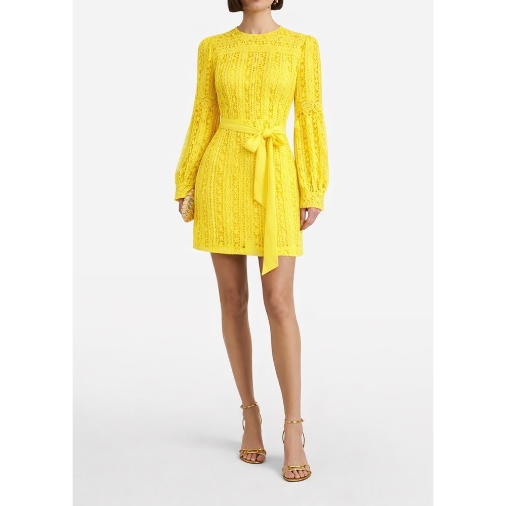 Lenon Yellow Lace High Neck Long Sleeve Mini Dress with Tie Waist Belt XXS(0-2)